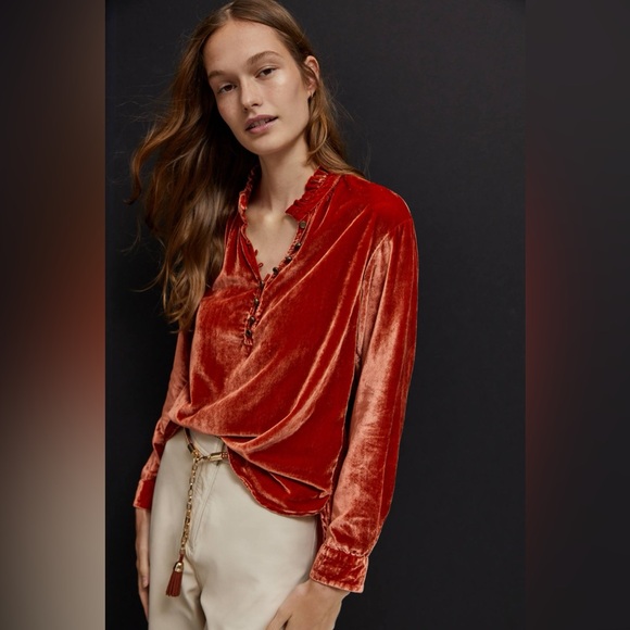 NWT by ANTHROPOLOGIE Kristianne Velvet Blouse in Cinnamon Size Large - Picture 1 of 11